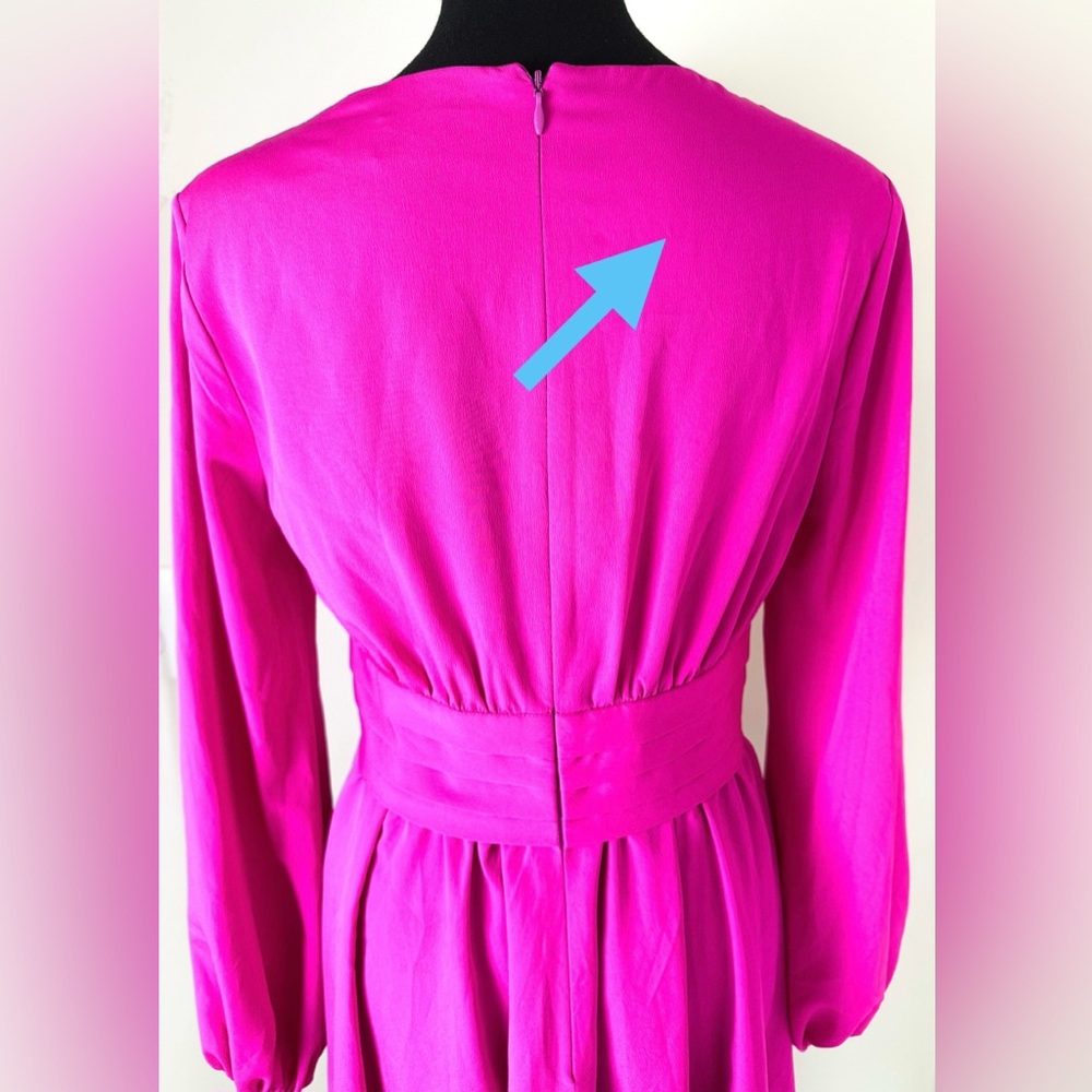 Eliza J Hot Pink Fuschia Long Sleeve Fit & Flare V-Neck Dress-Small - Picture 6 of 10